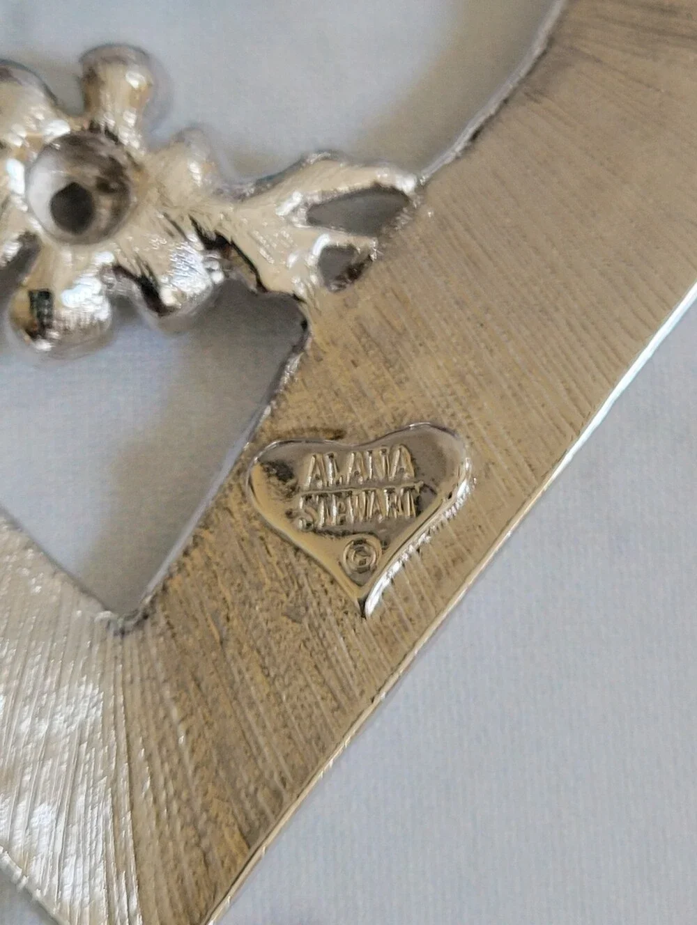 Alana Stewart Signed Silver Heart Brooch with Blue Crystal Accent